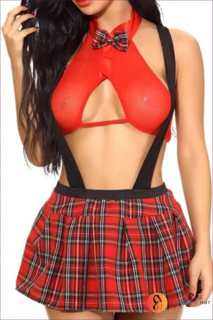 Plaid Tie Collar Costume Set with Bow Bralette - Sweet Mischief