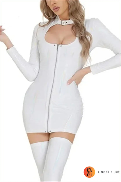 Black Holographic Buckle-Collar Mini Dress