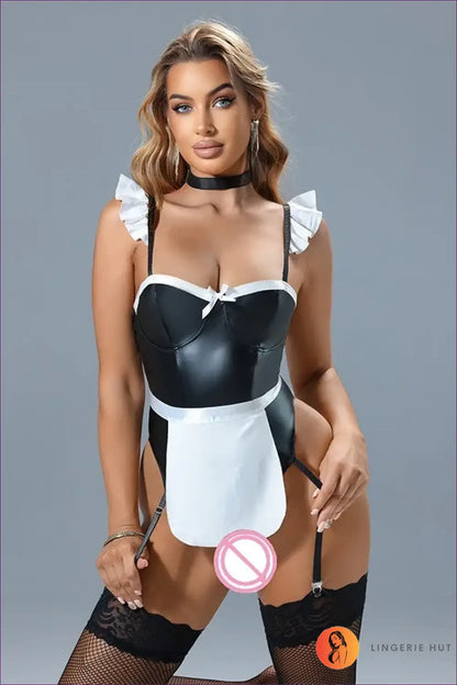 Leather-Look Maid Costume with Ruffled Straps - Bold Confidence