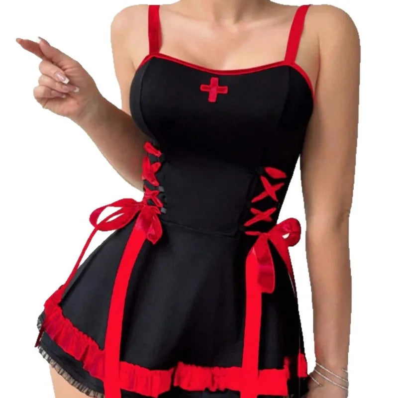 Nurse Costume Mini Dress with Cross Badge and Hip Bows