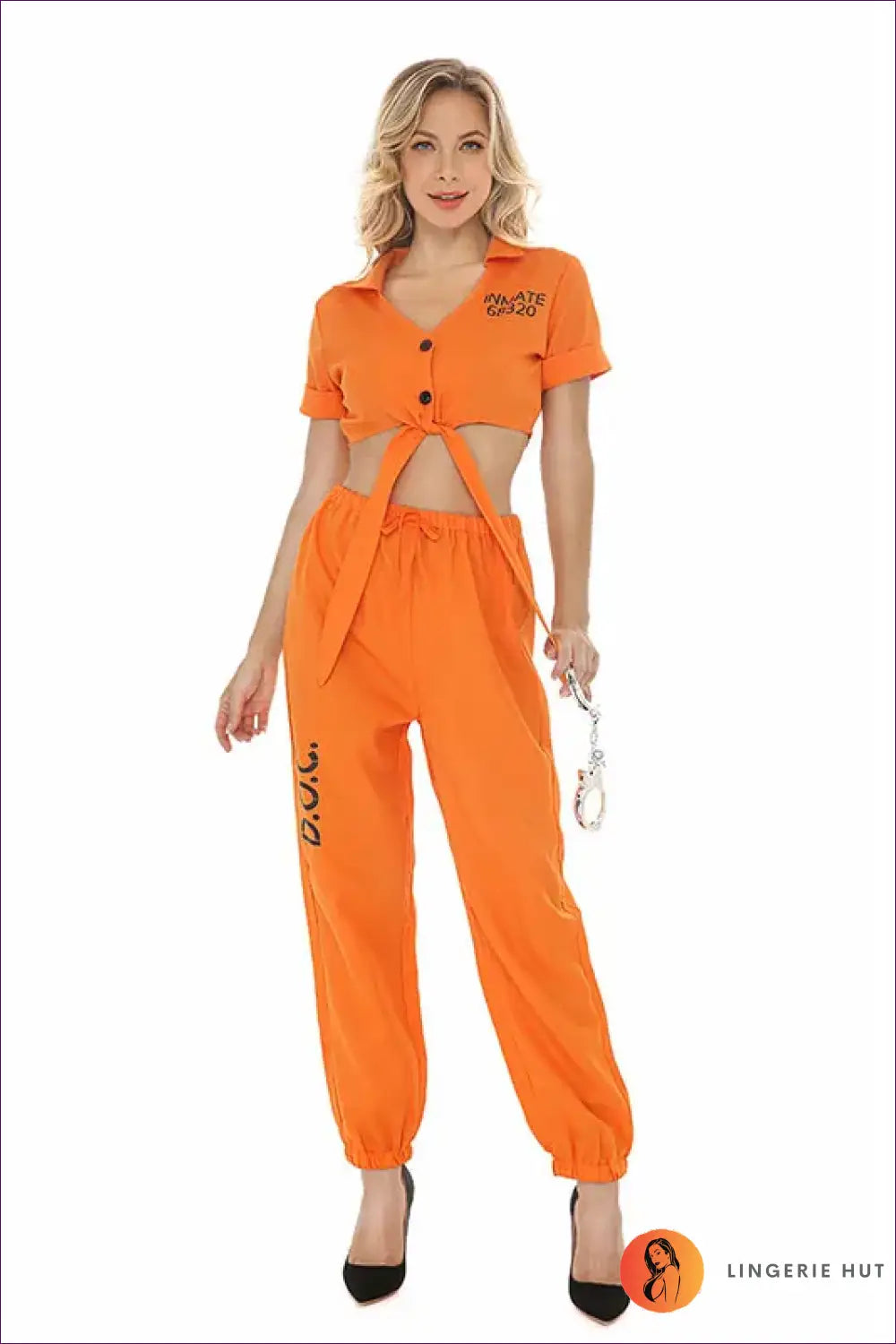 Prisoner Costume Jogger Set with Tie-Front Top - Yard Time Ease