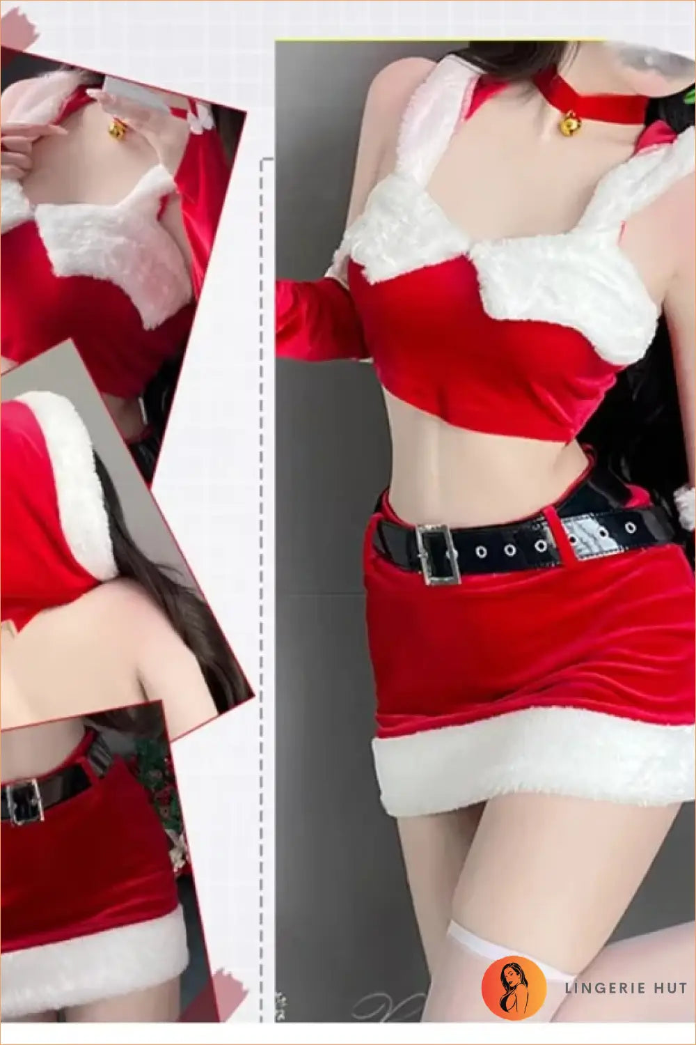 Santa Costume Set with Red Crop Top, Fur-Trim Mini Skirt and Belt
