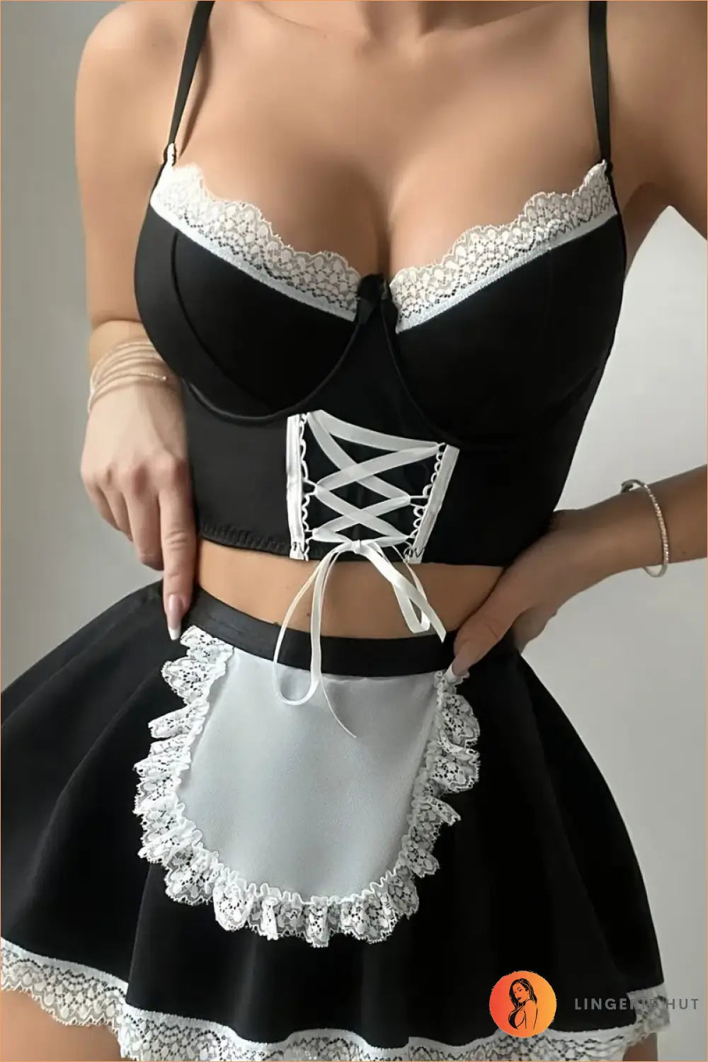Red Lace-Up Maid Costume Two-Piece Set