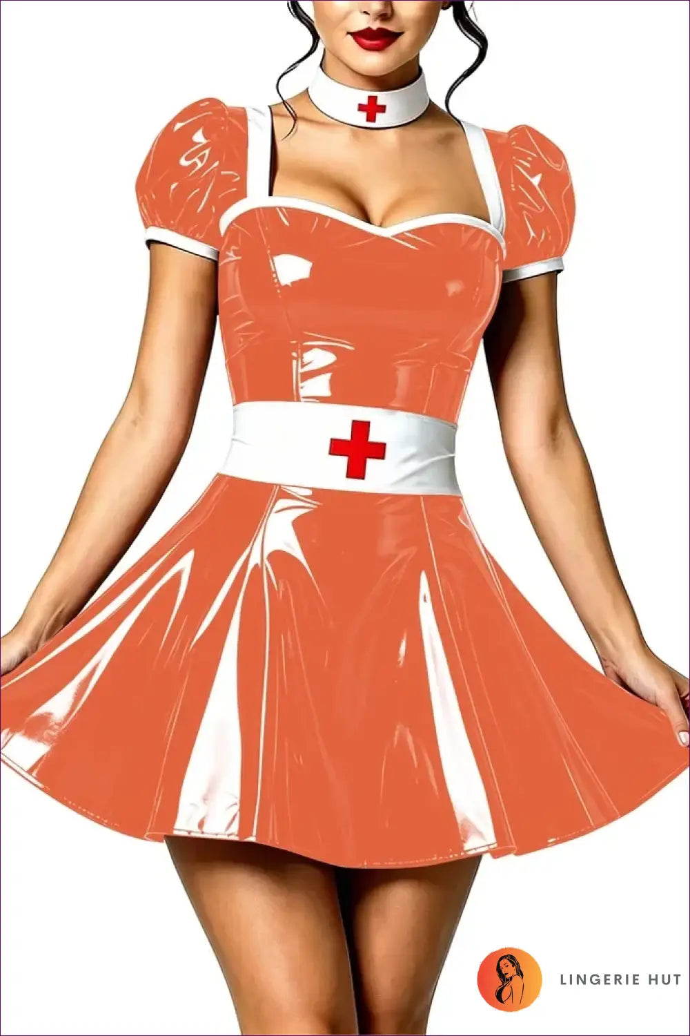 Nurse Costume with Puff Sleeves and Matching Choker - Playful Fantasy