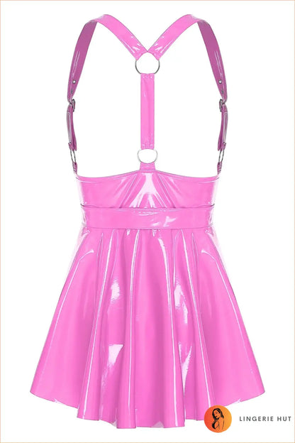 Pink Wet-Look Halter Skater Dress