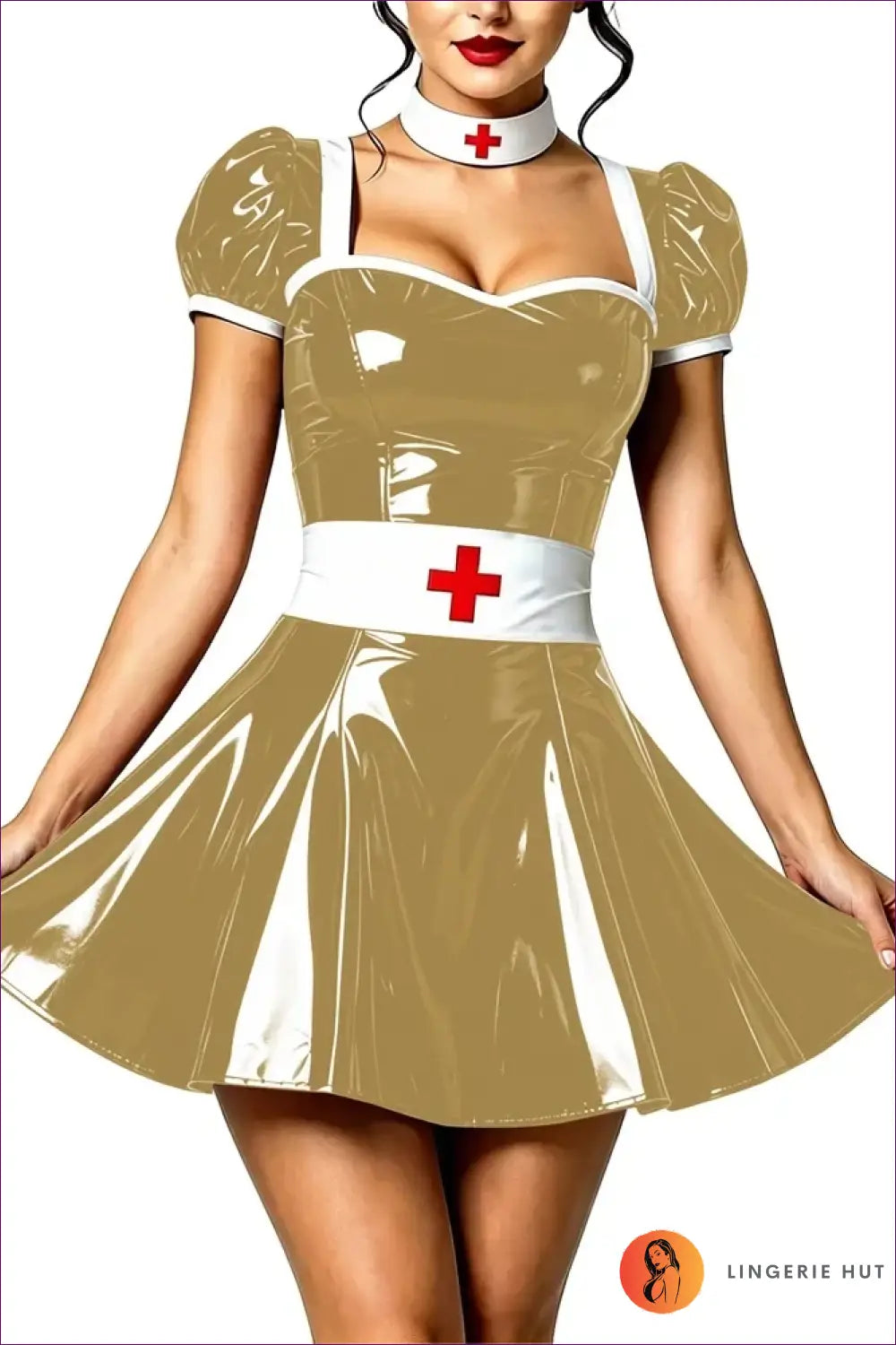 Nurse Costume with Puff Sleeves and Matching Choker - Playful Fantasy
