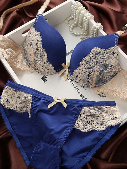 Lace Overlay Bra and Brief Set with Centre Bow
