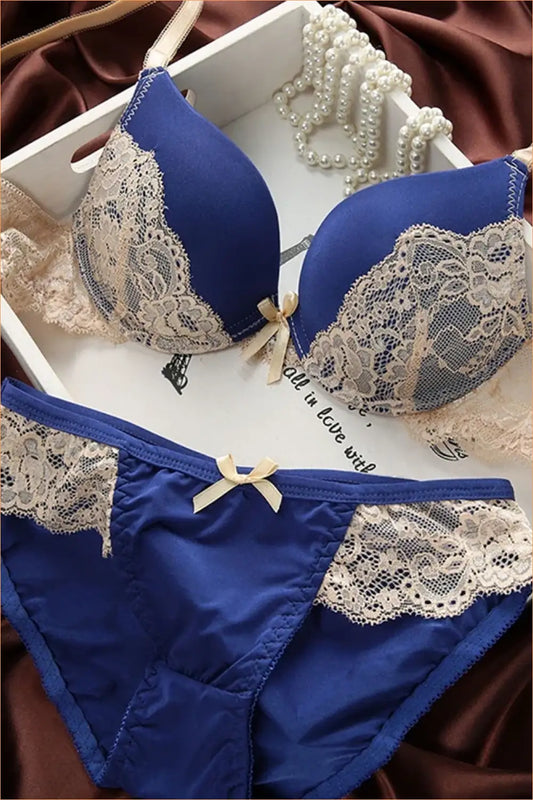 Lace Overlay Bra and Brief Set with Centre Bow