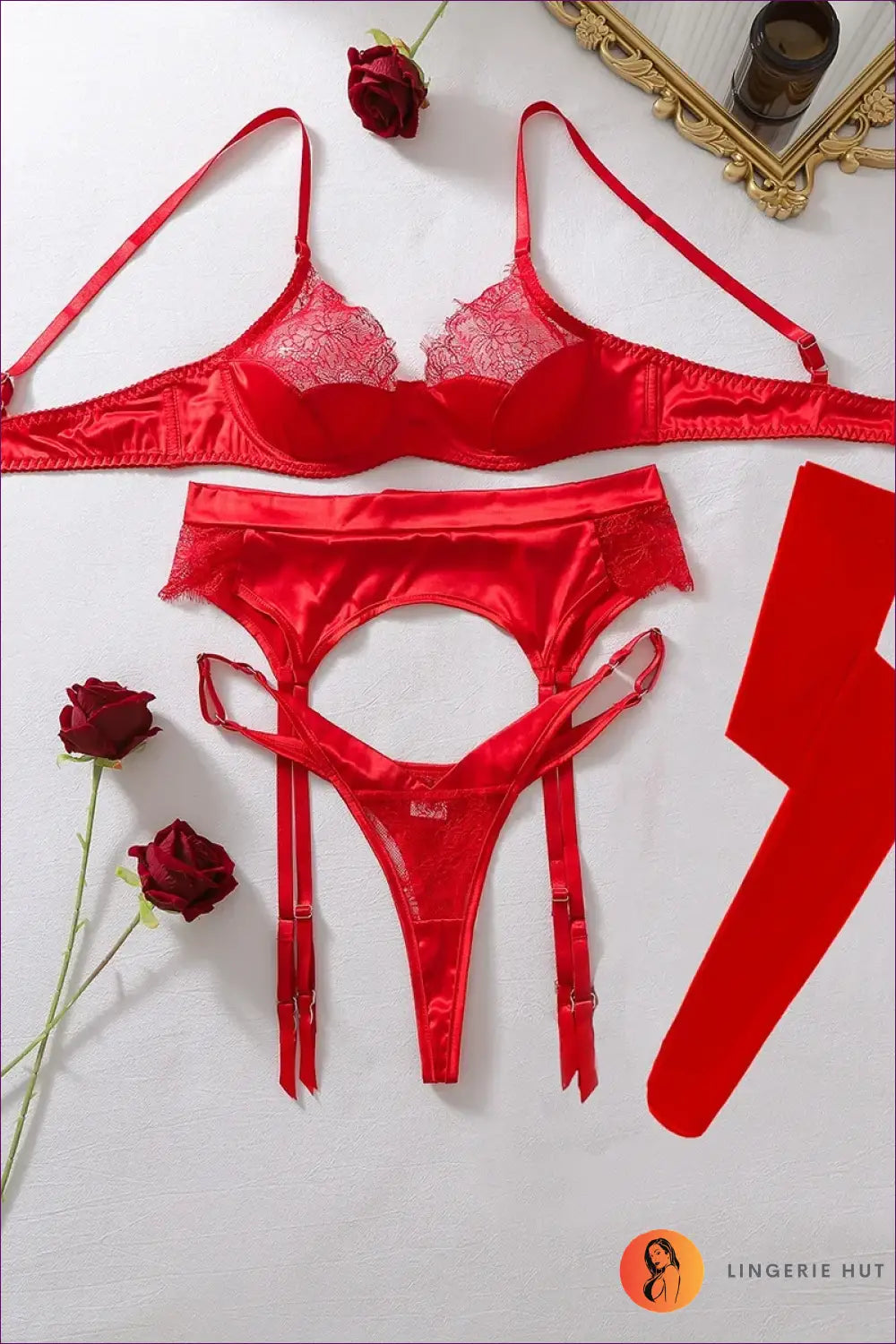 Satin Bra Set with Lace Cups and Garter Belt - Private Luxury