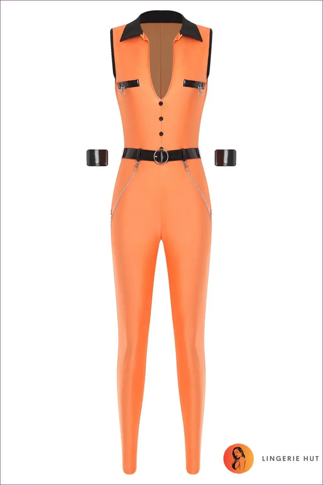 Prisoner Costume Jumpsuit with Chain Belt - State Issue Ease
