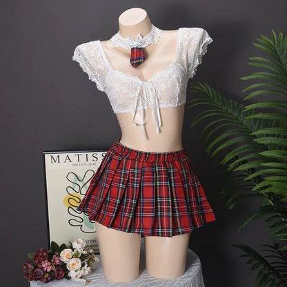 Sheer Lace Crop Top with Plaid Mini Skirt and Tie