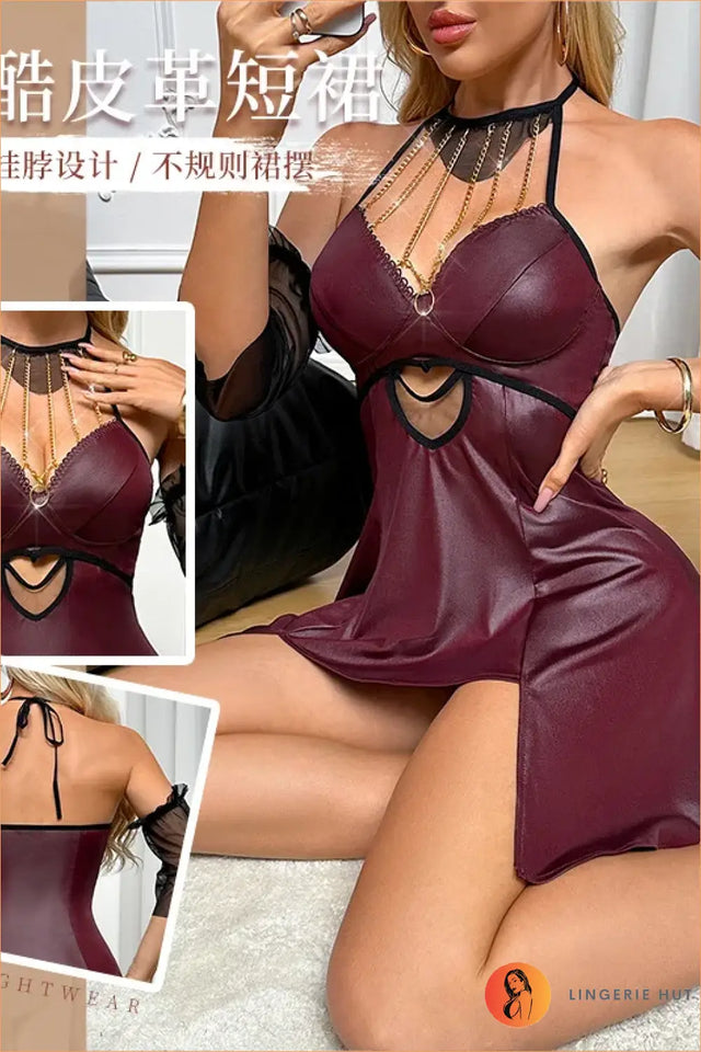 Burgundy Chain-Drape Halter Dress