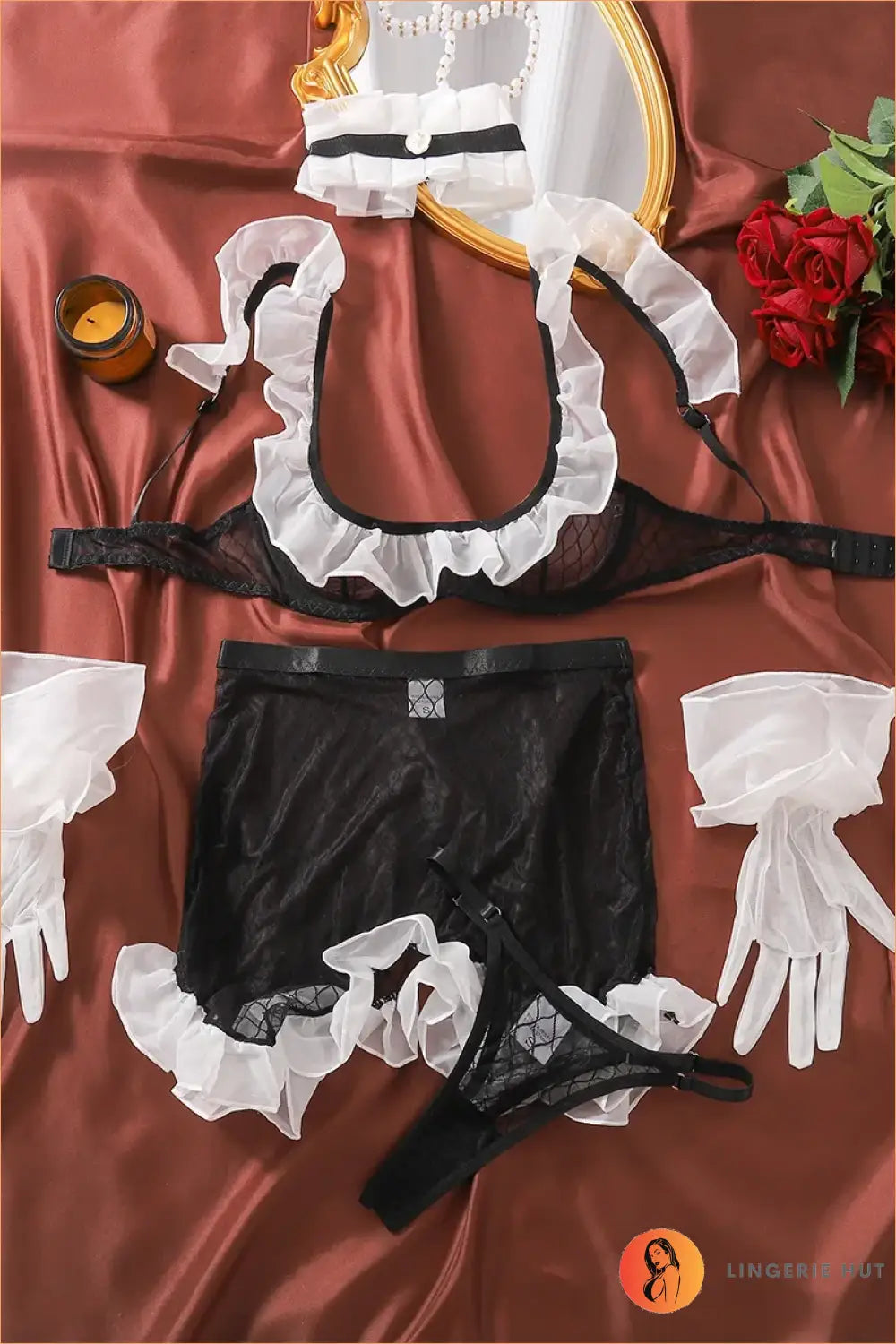 French Maid Lingerie Costume with Sheer Black Mesh and White Ruffle Trim