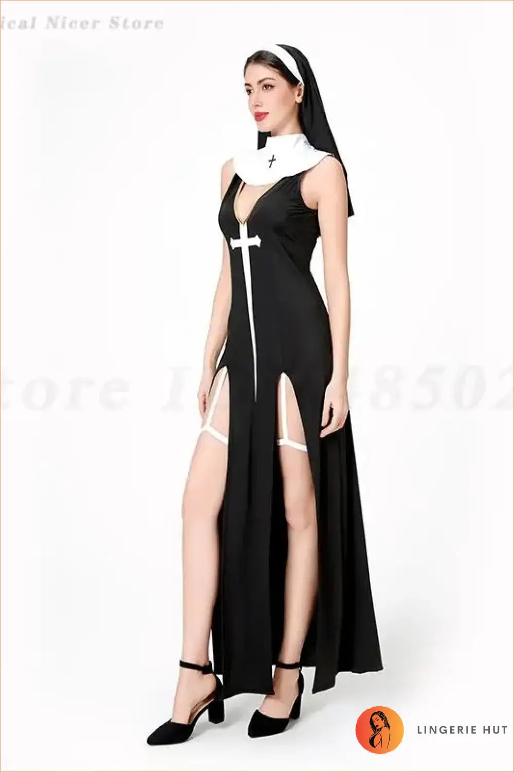 Sexy Nun Costume Dress with Deep V-Neck, Cross Detail and Side Slits