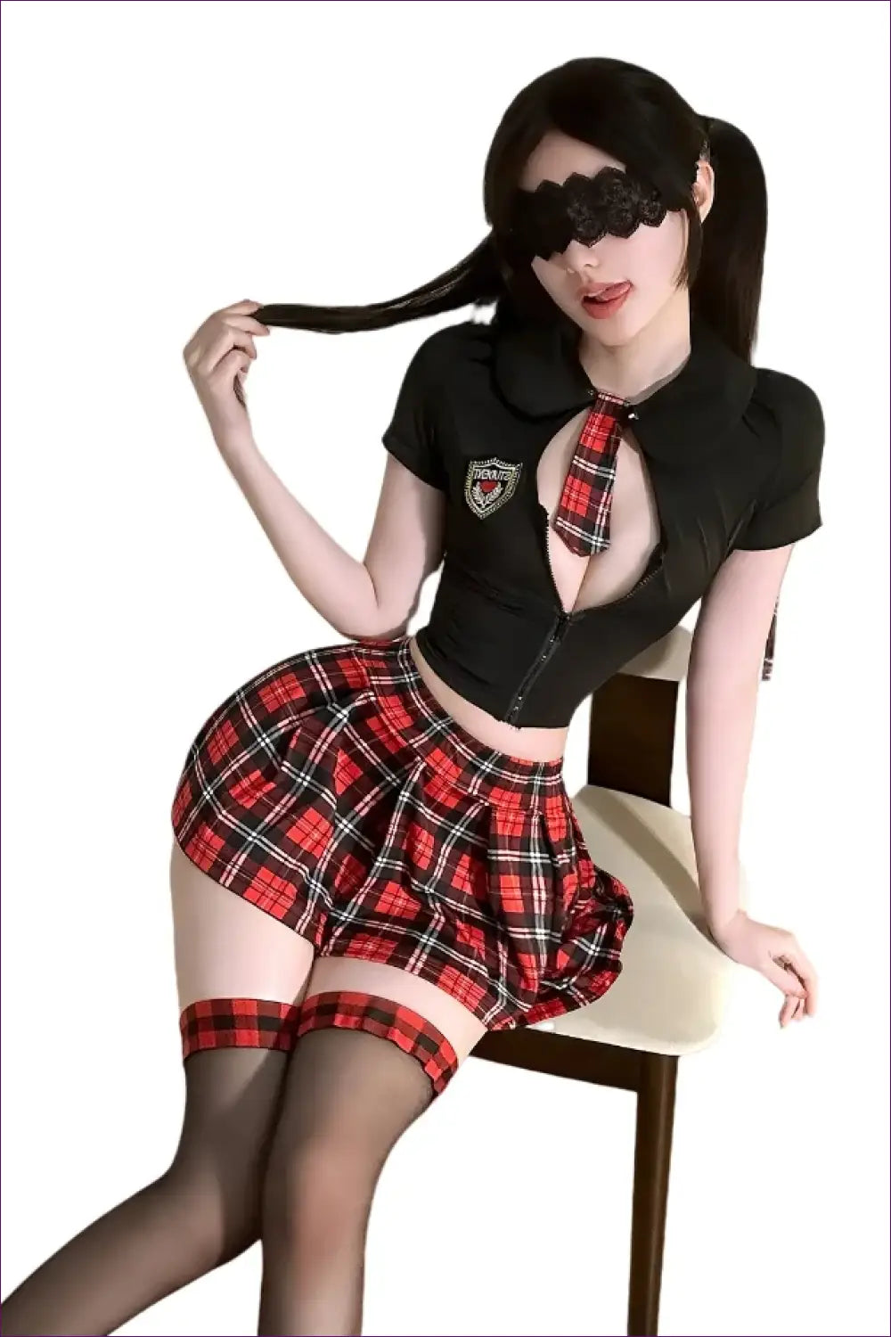 Sexy Schoolgirl Costume with Zip Crop Top - Playful Fantasy