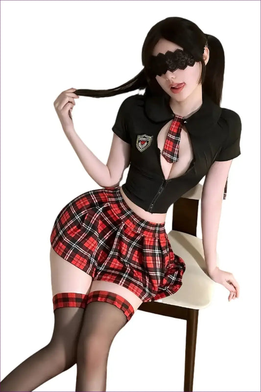 Zip-Front Collared Crop Costume with Pleated Mini