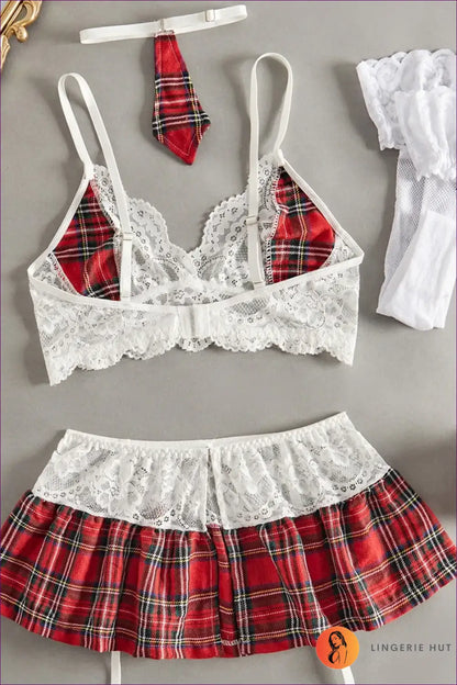 Sexy Schoolgirl Costume with Lace Plaid Skirt - Night Play