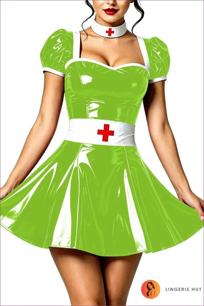 Nurse Costume with Puff Sleeves and Matching Choker - Playful Fantasy