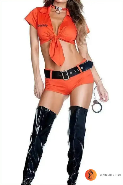 Orange Inmate Two-Piece Costume Set - Tie-Front Crop Top, Shorts & Belt