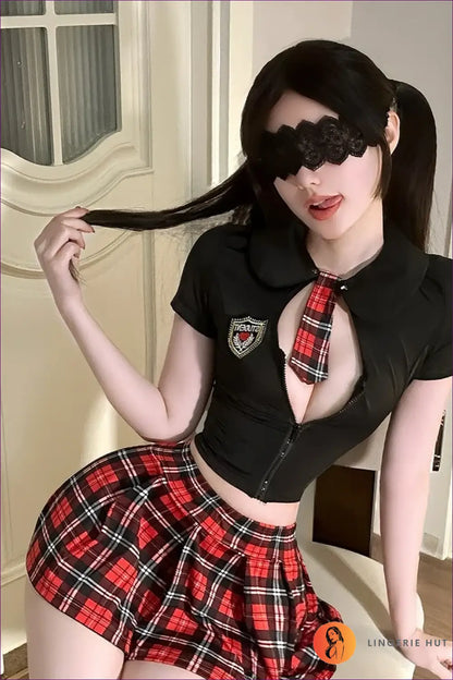 Sexy Schoolgirl Costume with Zip Crop Top - Playful Fantasy