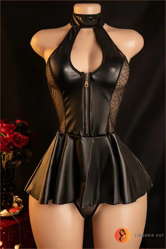 Black Wet-Look Zip-Front Peplum Bodysuit