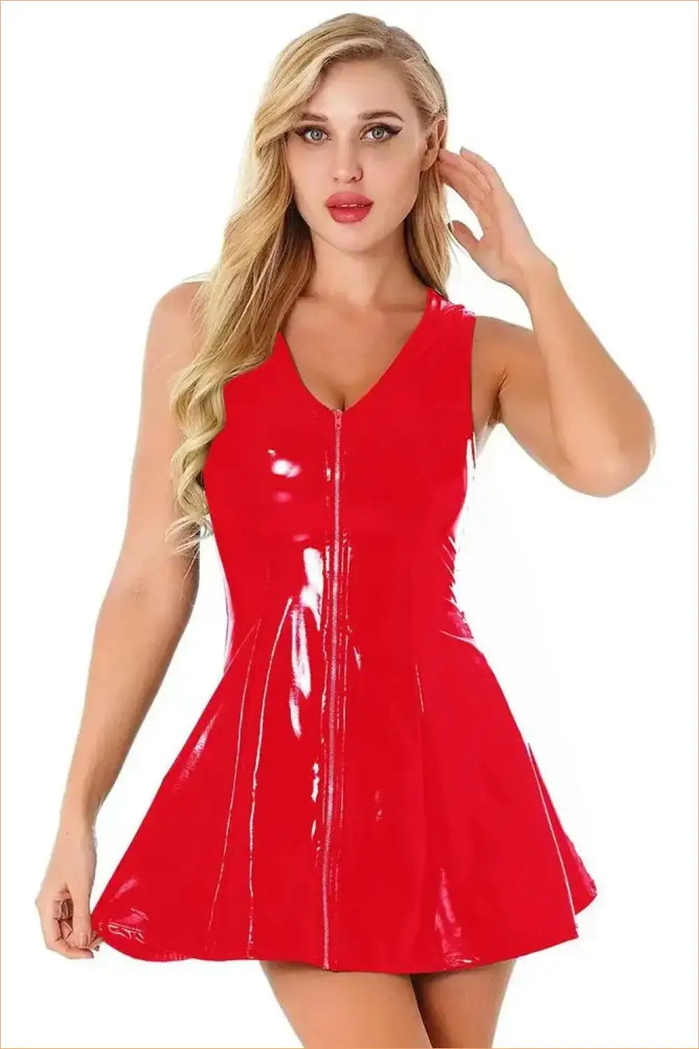 Red Wet-Look Zip-Front Skater Dress