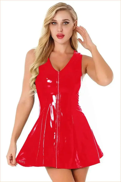 Red Wet-Look Zip-Front Skater Dress