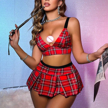 Schoolgirl Costume with Sheer Crop, Plaid Skirt and Tie