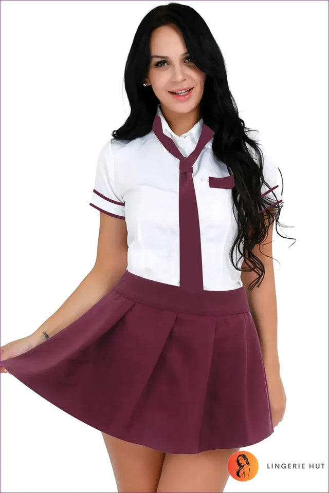 Schoolgirl Uniform Set with Plaid Pocket Trim - Playful Charm