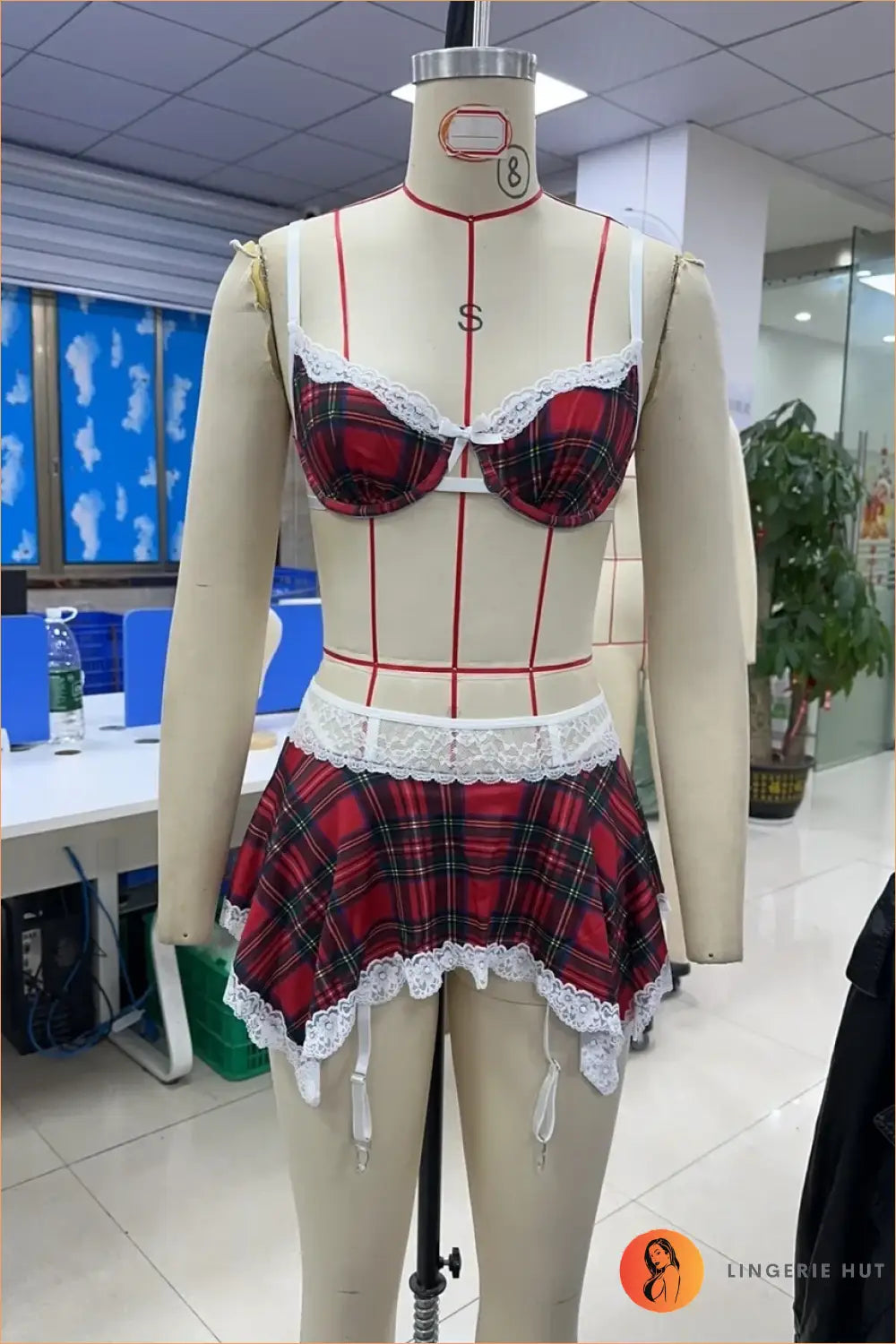 Red Tartan Plaid Lace-Trim Bra and Garter Skirt Set