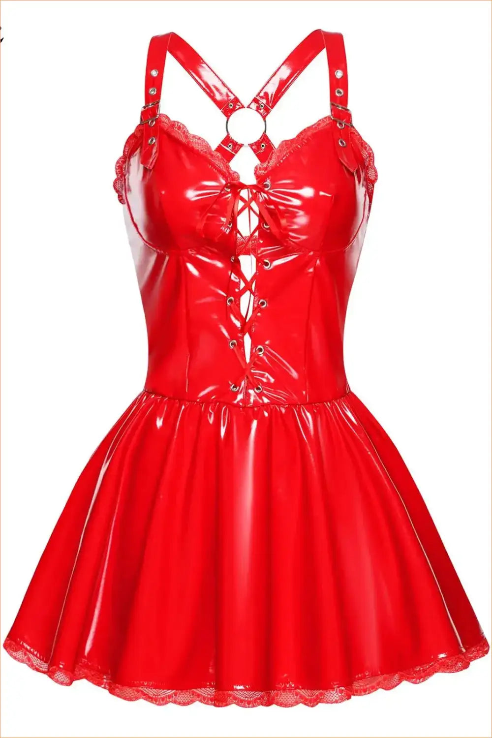 Red Wet-Look O-Ring Lace-Up Babydoll