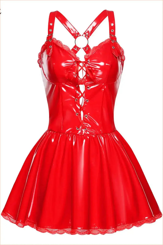 Red Wet-Look O-Ring Lace-Up Babydoll