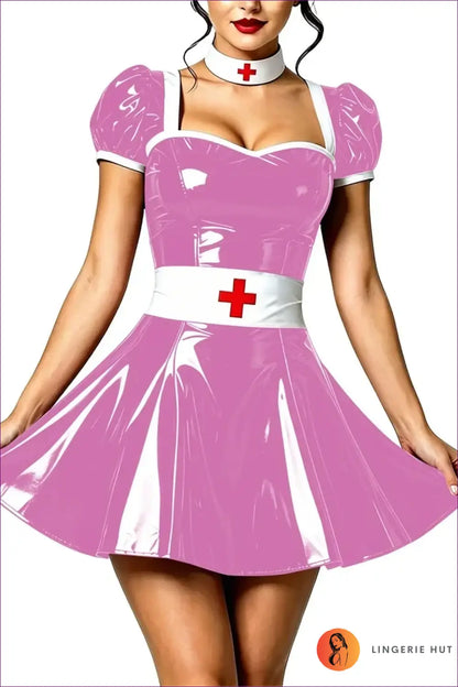Nurse Costume with Puff Sleeves and Matching Choker - Playful Fantasy