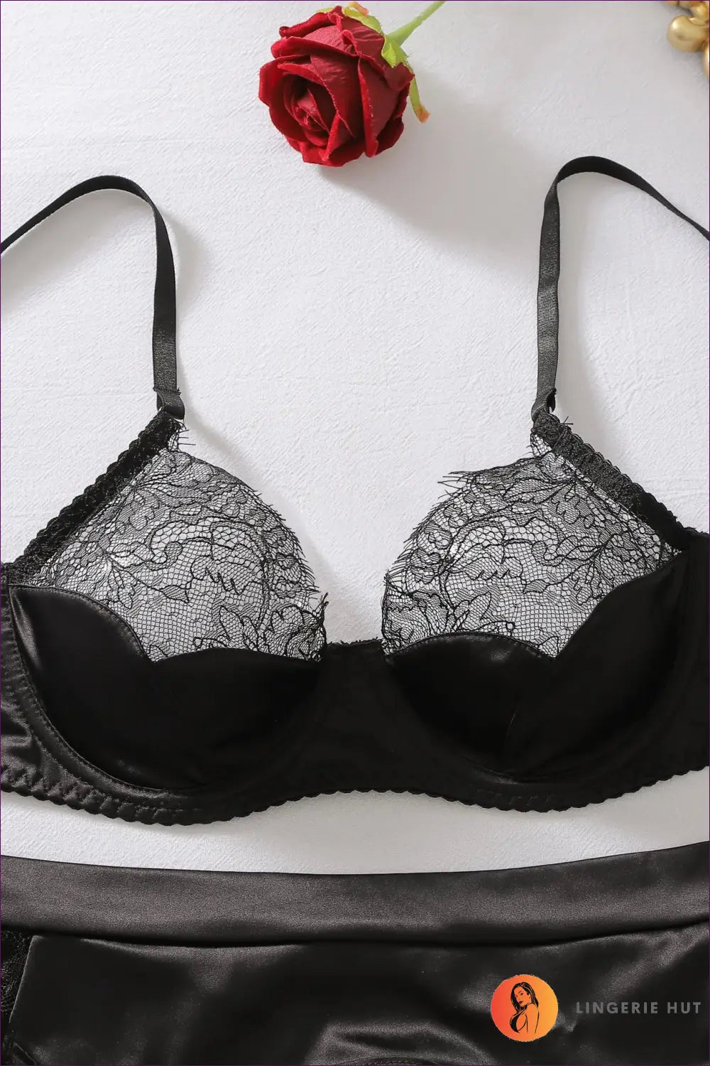 Satin Bra Set with Lace Cups and Garter Belt - Private Luxury