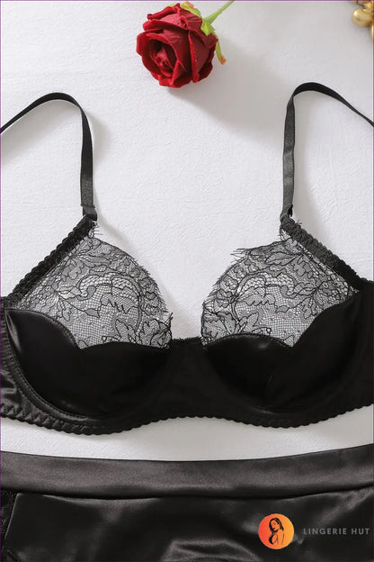 Satin Bra Set with Lace Cups and Garter Belt - Private Luxury