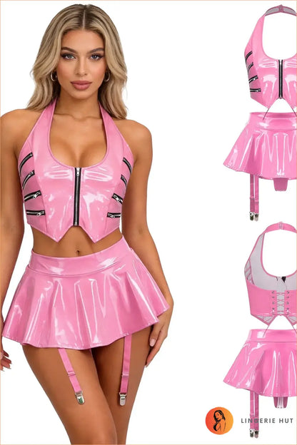 Wet-Look Pink Lace-Back Halter Crop Top and Garter Skirt Set
