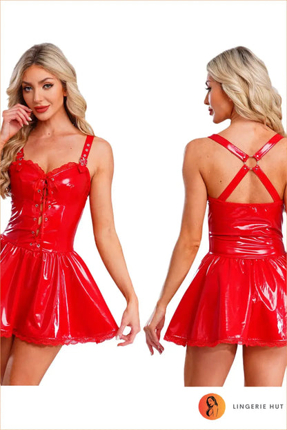 Red Wet-Look O-Ring Lace-Up Babydoll