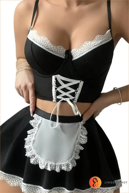 Red Lace-Up Maid Costume Two-Piece Set