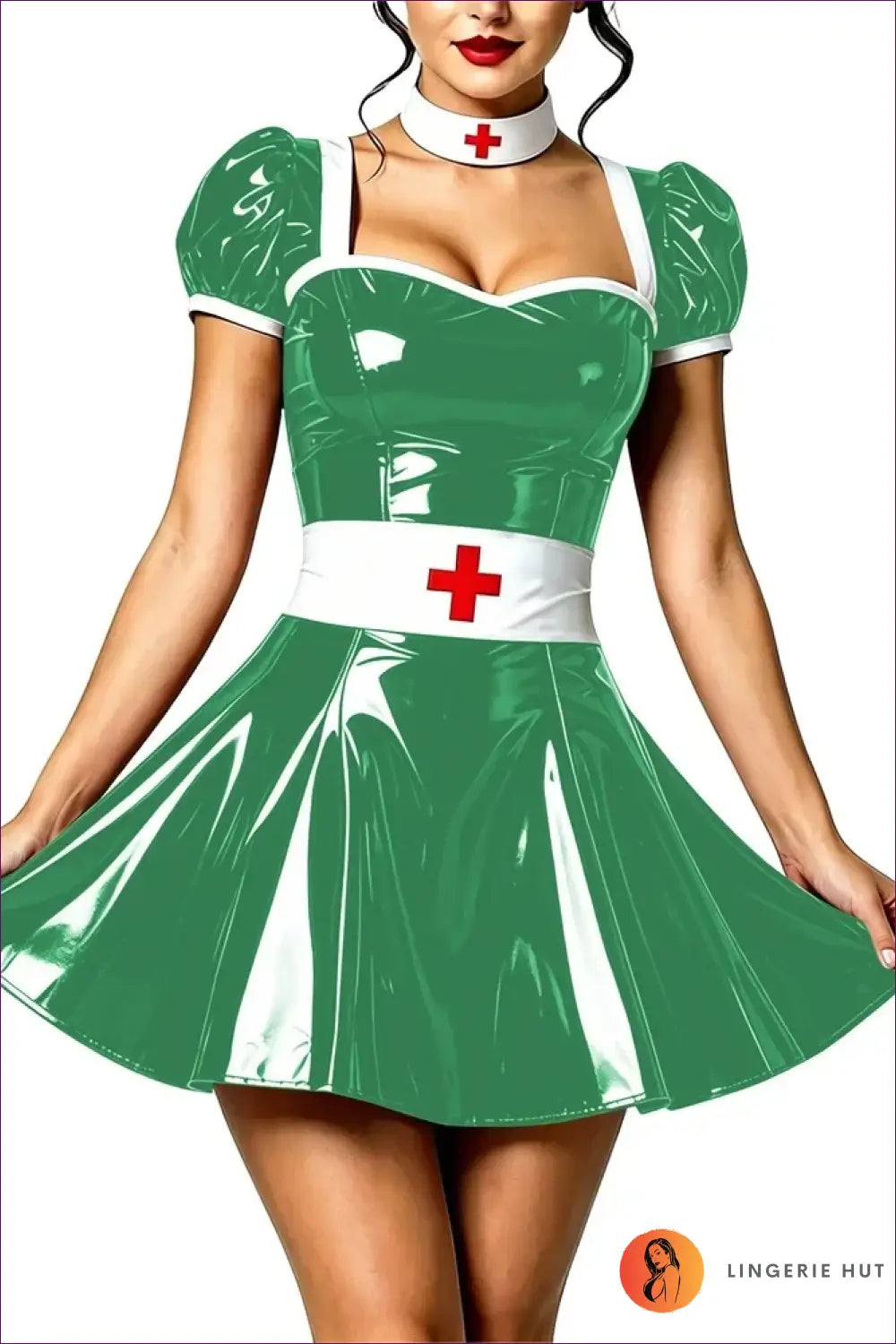 Nurse Costume with Puff Sleeves and Matching Choker - Playful Fantasy