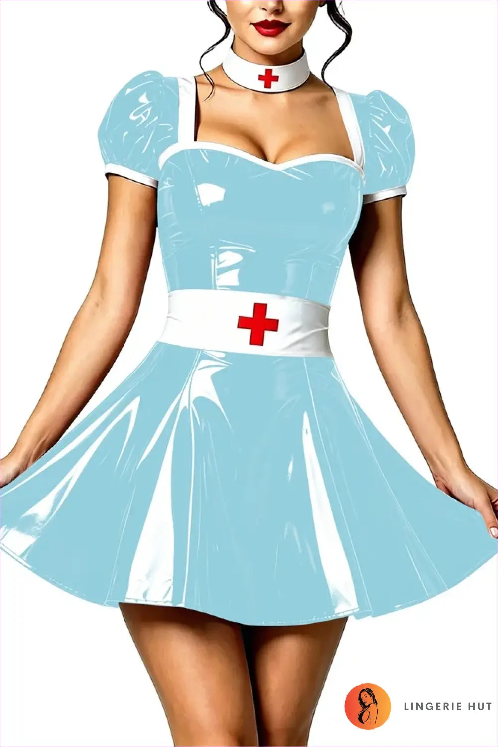Nurse Costume with Puff Sleeves and Matching Choker - Playful Fantasy