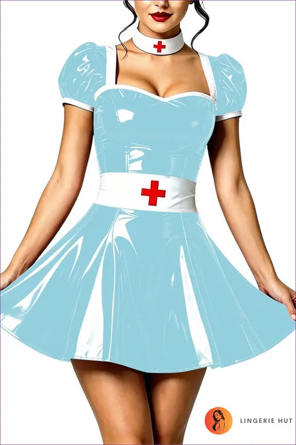 Nurse Costume with Puff Sleeves and Matching Choker - Playful Fantasy