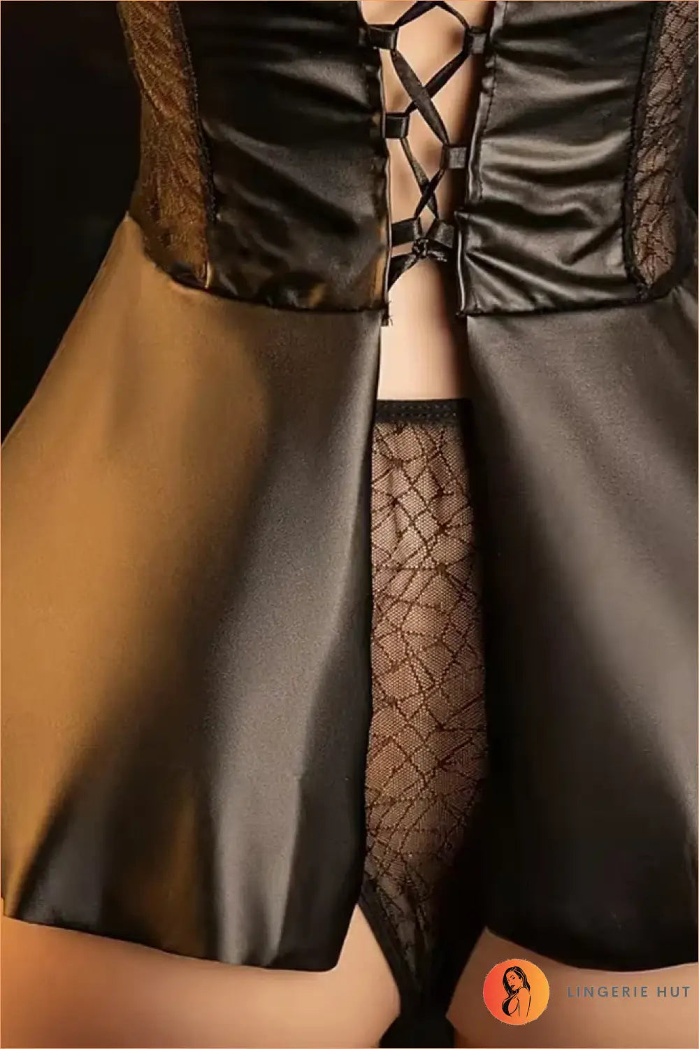 Black Wet-Look Zip-Front Peplum Bodysuit