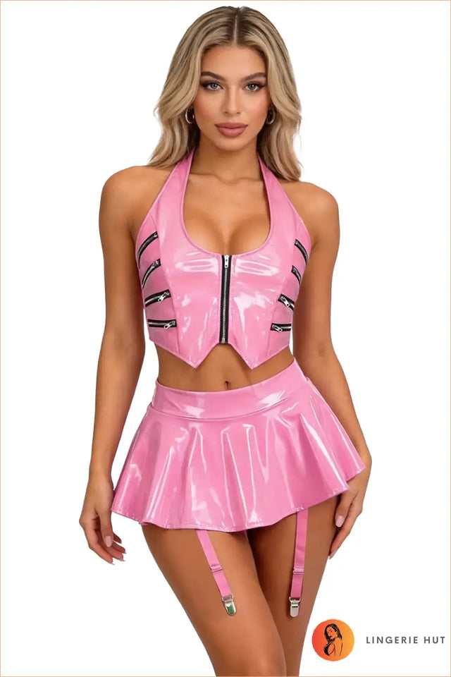 Wet-Look Pink Lace-Back Halter Crop Top and Garter Skirt Set