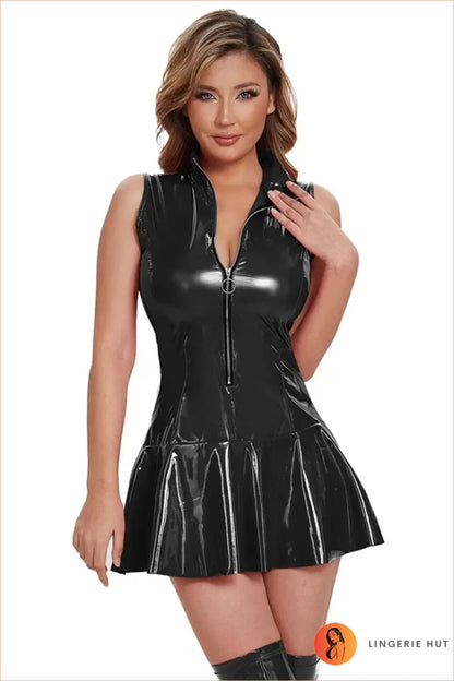 Red Wet-Look Zip-Front Skater Mini Dress