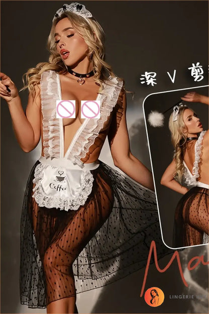 Black and White French Maid Costume with Sheer Dot Mesh Skirt