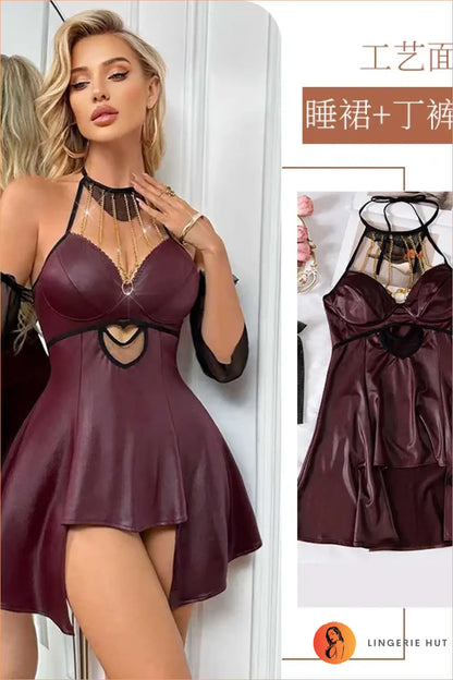 Burgundy Chain-Drape Halter Dress