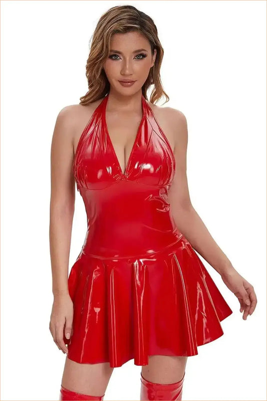 Red Wet-Look Halter Mini Dress