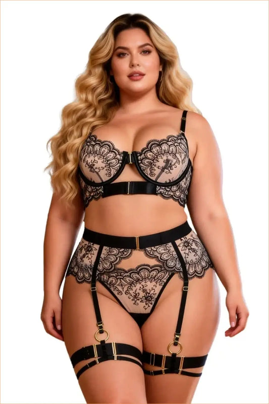 Black Lace Garter Set with Gold Hardware