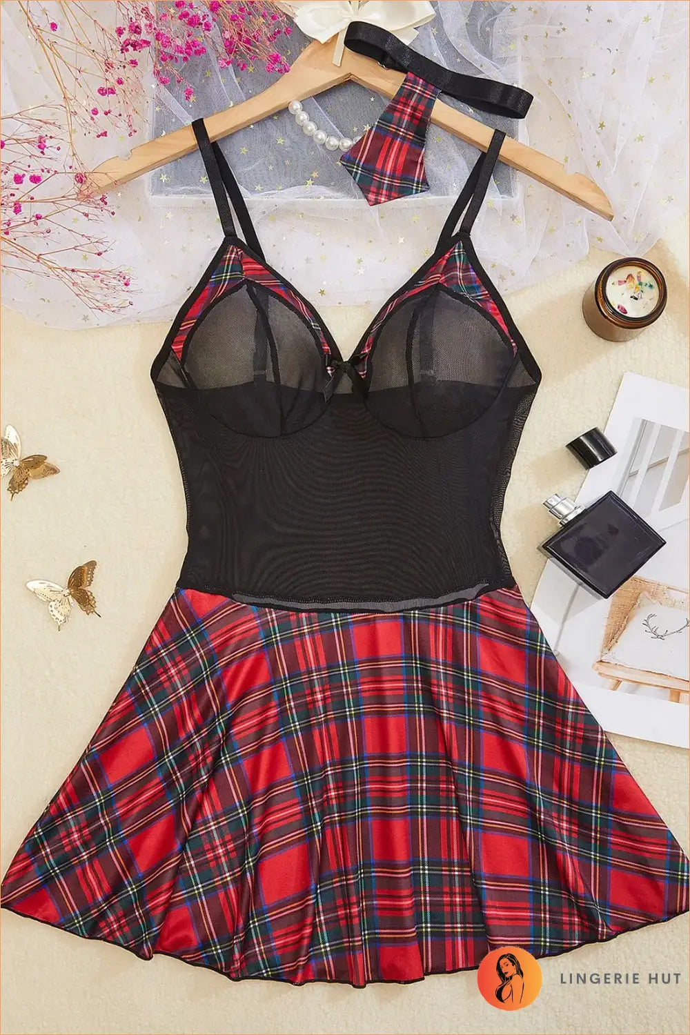 Black Mesh & Red Tartan Schoolgirl Roleplay Costume Set