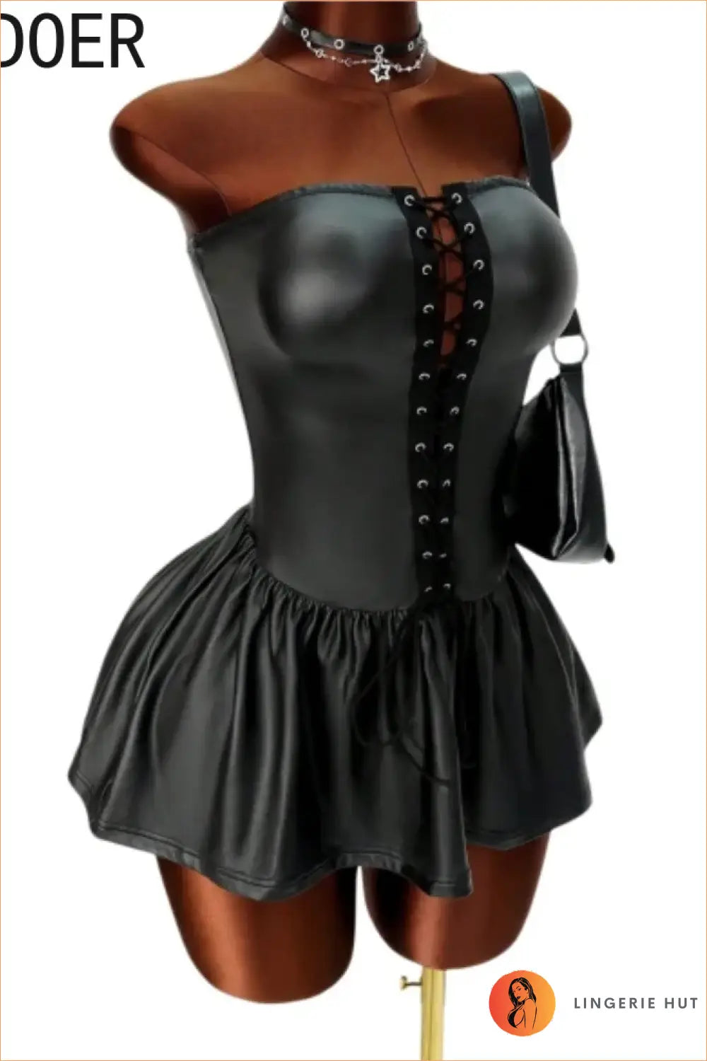Black Faux Leather Lace-Up Corset Mini Dress